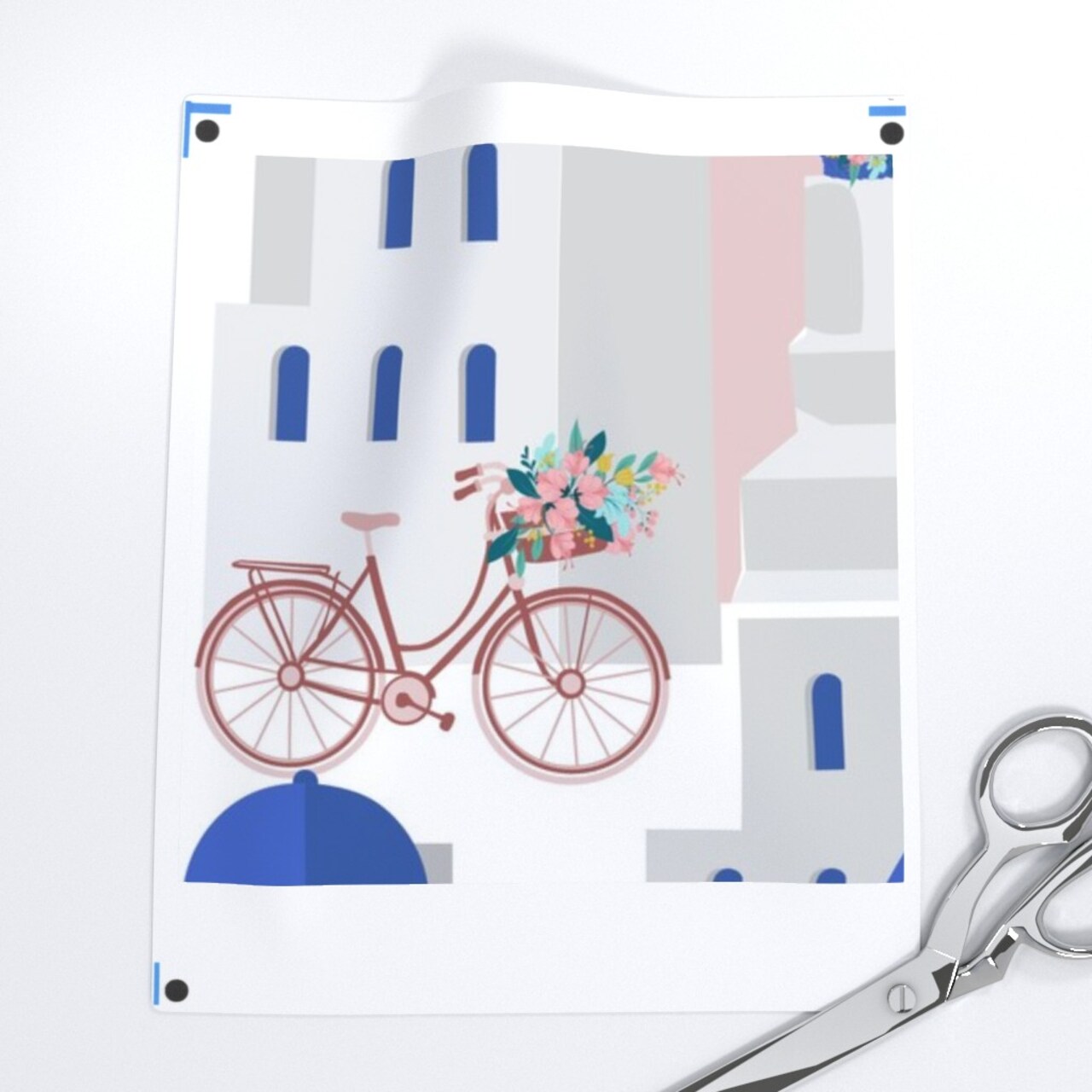 Travel Vacation Mediterranean Greece Holiday Houses Blue Santorini House Bike Car Flowers Homes Scooter Musician Novelty Neighborhood Greek Custom Printed Fabric by Spoonflower Various Fabrics by the Yard or Fat Quarter